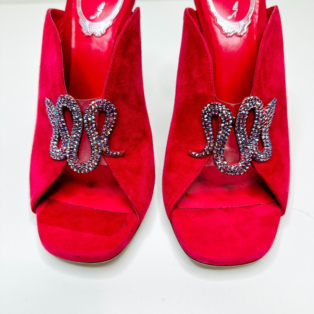 Rene Caovilla Venezia EU 37 US 7 Sandals Red Suede Leather Crystal Snake Mules - Picture 6 of 11